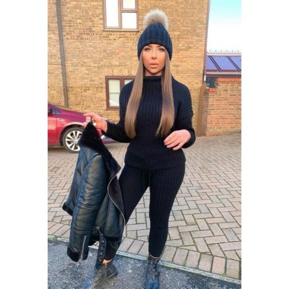 Black Knitted Long Sleeve Turtle Neck Sweater Top and Leggings Two Piece Set - Picture 4 of 8